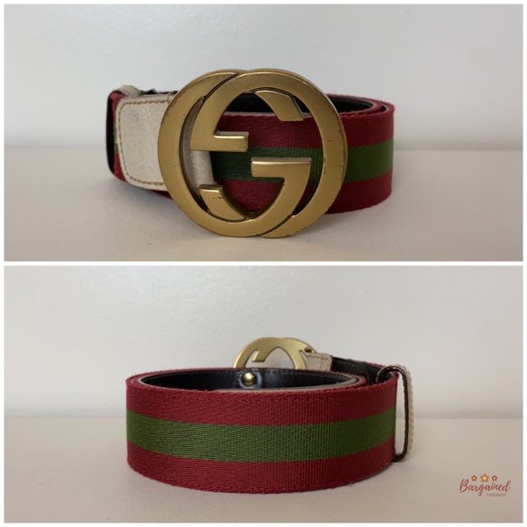 Authentic Gucci Red/Green Web Leather Gold Interlocking G Buckle Belt 85/34 - Picture 3 of 13